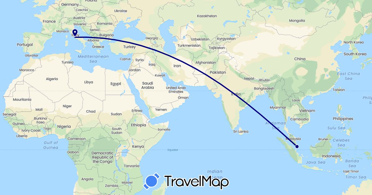 TravelMap itinerary: driving in Italy, Singapore (Asia, Europe)